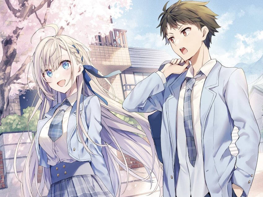 1boy 1girl ahoge arms_behind_back bag bcoca black_hair blazer blonde_hair blue_eyes blue_sky braid cherry_blossoms cloud dress_shirt hair_ribbon hand_in_pocket handbag highres holding holding_bag holding_behind_back house jacket long_hair looking_at_another machigane_lily minazuki_saito necktie novel_illustration official_art ore_no_osananajimi_wa_main_heroine_rashii. plaid_clothes plaid_necktie plaid_skirt red_eyes ribbon school_uniform second-party_source shirt short_hair skirt sky talking
