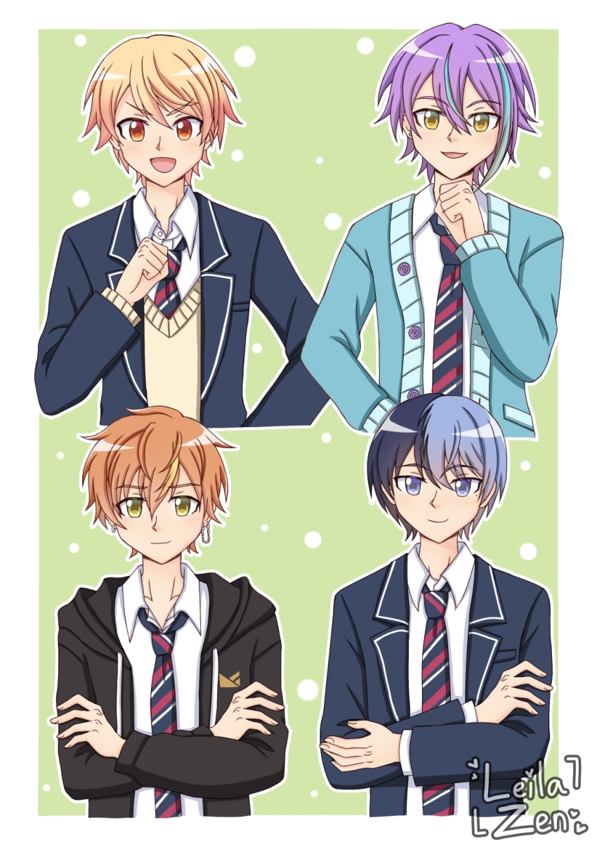 4boys aoyagi_touya blonde_hair blue_hair closed_mouth collared_shirt crossed_arms earrings gradient_hair green_background hair_between_eyes highres jacket jewelry kamishiro_rui leila_zen long_sleeves looking_at_viewer male_focus multicolored_hair multiple_boys necktie open_mouth orange_eyes orange_hair project_sekai purple_hair school_uniform shinonome_akito shirt short_hair smile split-color_hair streaked_hair tenma_tsukasa two-tone_hair upper_body yellow_eyes