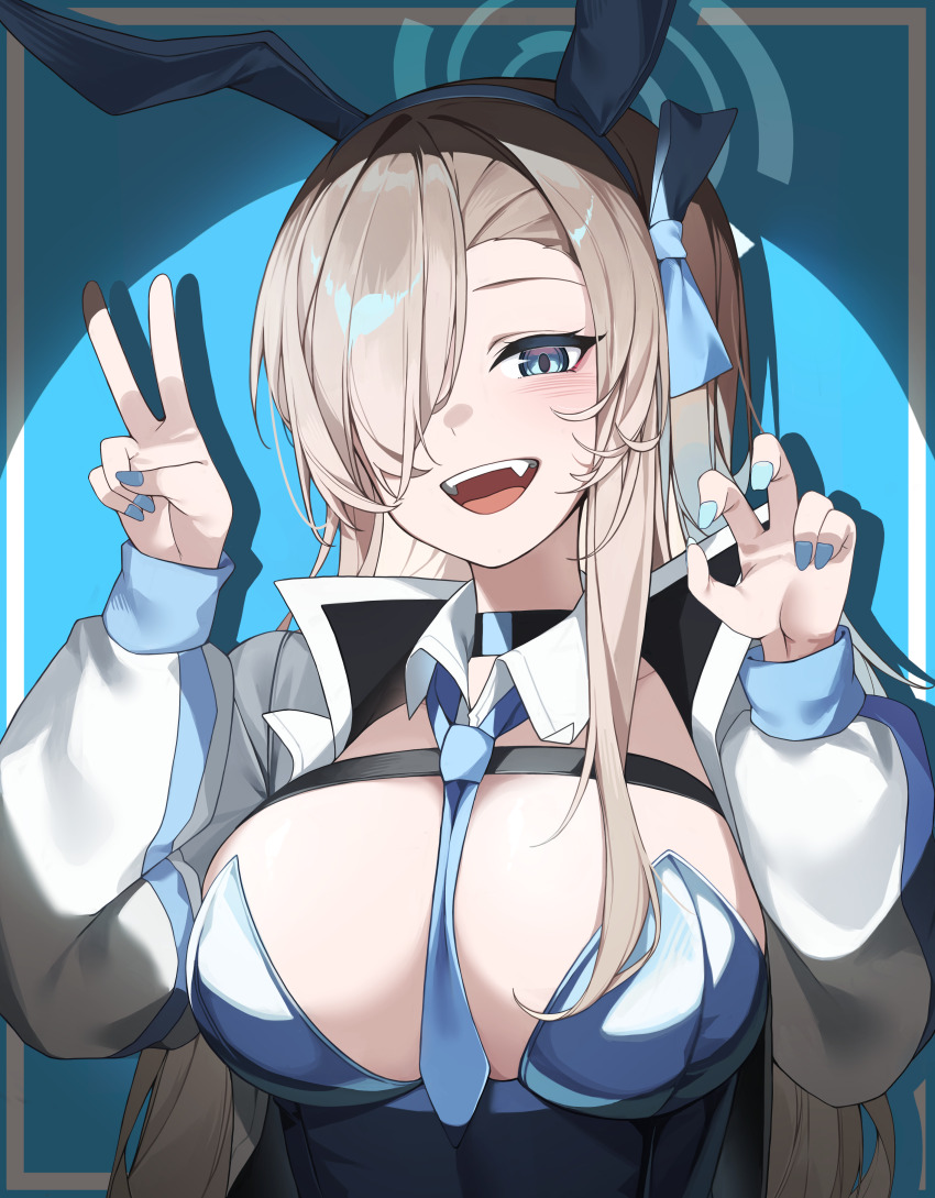 1girl absurdres alternate_costume animal_ears asuna_(blue_archive) asuna_(bunny)_(blue_archive) between_breasts blue_archive blue_background blue_eyes blue_halo blue_necktie breasts brown_hair chest_harness commentary_request detached_collar fake_animal_ears hair_over_one_eye halo harness highres large_breasts long_hair long_sleeves looking_at_viewer necktie necktie_between_breasts one_eye_covered open_mouth paw_pose rabbit_ears siwa_(st_ekfrlfkep) smile solo spotlight teeth upper_teeth_only v