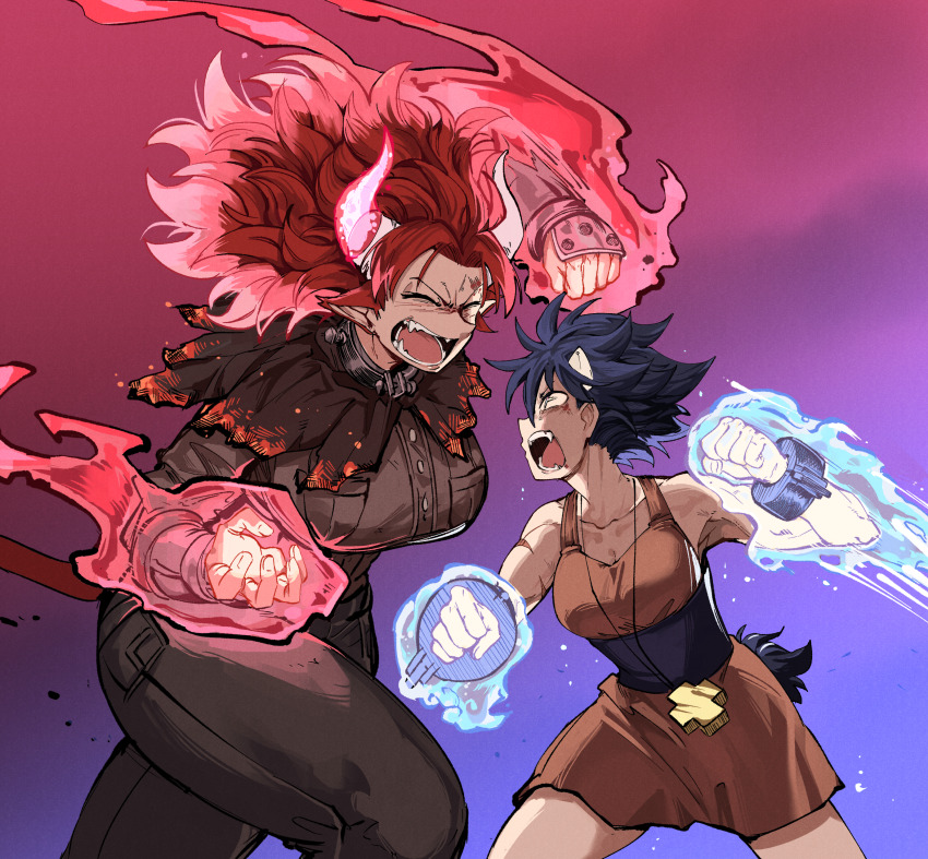 2girls absurdres angry animal_ears antares_topaz aura bare_arms bare_shoulders battle black_hair blind blood blood_on_face blue_background broken_horn brown_pants brown_shirt buttons clenched_hands closed_eyes clothing_request collar collarbone cow_ears cow_girl cow_horns cross-shaped_pupils cuffs cygni_boreas_lluminal detailed_knuckles fangs fighting_stance fingernails furrowed_brow ganymede_(antares_topaz) glowing glowing_hair glowing_horns highres horns incoming_attack jewelry looking_at_another metal_collar multiple_girls necklace open_hand open_mouth pants punching purple_background red_background red_hair scar scar_on_arm screaming shackles sheep_tail shirt star_linker symbol-shaped_pupils tail tongue vambraces