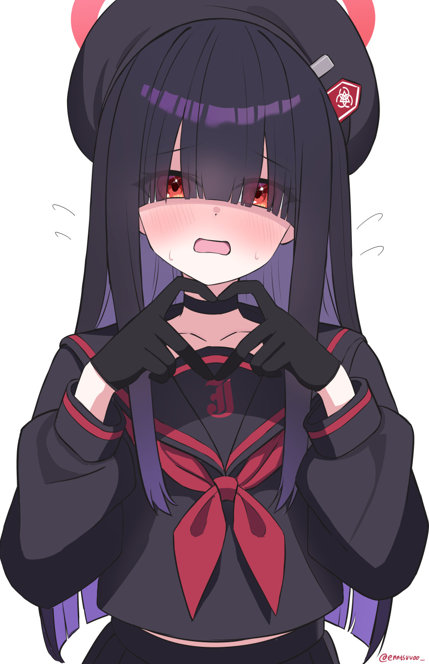 1girl four-finger_heart_hands absurdres black_choker black_gloves black_hair black_hat black_sailor_collar black_serafuku black_shirt blue_archive blunt_bangs blunt_ends blush choker colored_inner_hair commentary eyes_visible_through_hair gloves hair_over_eyes hat heart heart_hands highres justice_task_force_member_(blue_archive) long_hair looking_at_viewer multicolored_hair n2o neckerchief open_mouth red_eyes red_neckerchief sailor_collar school_uniform serafuku shirt solo sweatdrop two-tone_hair upper_body