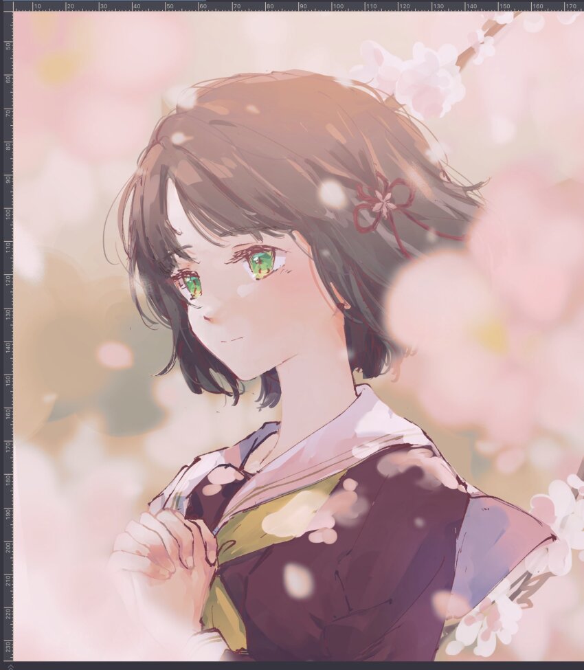1girl art_program_in_frame black_hair blunt_bangs blunt_ends bob_cut brown_dress cherry_blossoms closed_mouth dress flower flower_knot green_eyes hair_flower hair_ornament hasu_no_sora_school_uniform highres interlocked_fingers l9525 light_frown link!_like!_love_live! long_sleeves looking_ahead love_live! momose_ginko neckerchief outdoors own_hands_clasped own_hands_together pink_flower sailor_collar sailor_dress school_uniform short_hair solo upper_body virtual_youtuber white_sailor_collar winter_uniform yellow_neckerchief