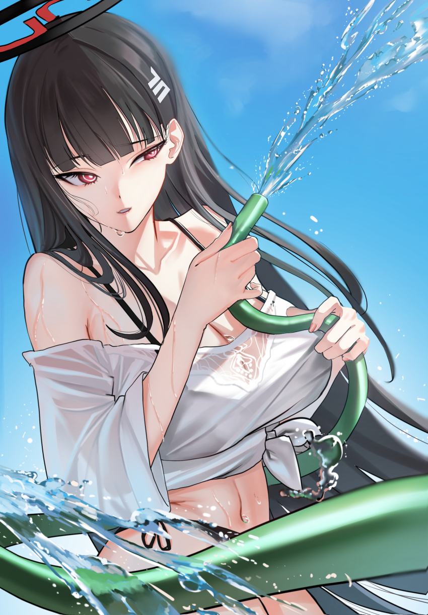 bikini black_bikini black_hair blue_archive blue_sky breasts cleavage collarbone hair_ornament halo haoma highres holding holding_hose hose large_breasts long_hair navel red_eyes rio_(blue_archive) shirt sky solo spraying swimsuit tied_shirt upper_body water wet wet_clothes wet_shirt white_shirt