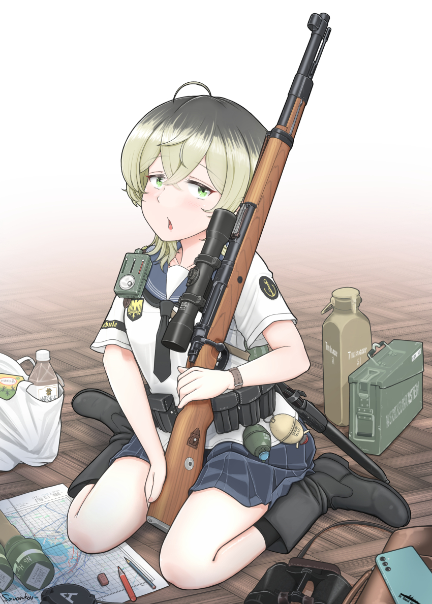 1girl absurdres ammunition_box arm_patch bag bandolier belt binoculars blonde_hair blue_sailor_collar bolt_action boots bottle cellphone green_eyes gun highres knife map_(object) mauser_98 medium_hair miniskirt on_floor original phone plastic_bag rifle sailor_collar savankov school_uniform sheath sheathed shirt short_sleeves skirt smartphone stick_grenade tactical_school_uniform water_bottle weapon white_shirt wooden_floor