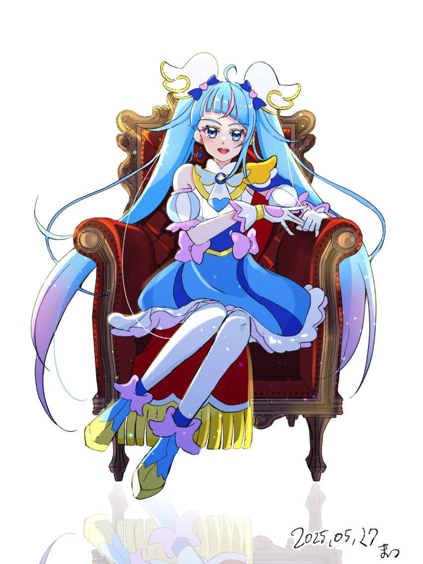 1girl ankle_boots armchair artist_name blue_boots blue_cape blue_dress blue_eyes blue_hair boots bow brooch cape chair commentary cure_sky cut_bangs dated detached_sleeves dress dress_bow earclip earrings fingerless_gloves frilled_dress frills fringe_trim full_body gloves gradient_hair hair_ornament highres hirogaru_sky!_precure horoyoitaina jewelry long_hair looking_at_viewer magical_girl medium_dress multicolored_hair on_chair open_mouth pink_bow pink_hair precure puffy_detached_sleeves puffy_sleeves red_cape reflection signature simple_background single_earring single_sidelock sitting sleeveless sleeveless_dress smile solo sora_harewataru streaked_hair thighhighs throne twintails two-sided_cape two-sided_fabric two-tone_dress two-tone_hair very_long_hair white_background white_dress white_gloves white_thighhighs wing_brooch wing_hair_ornament