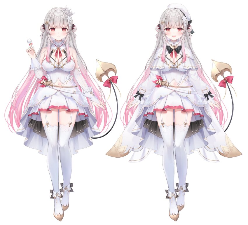 1girl beret black_bow blush bow breasts cleavage cleavage_cutout closed_mouth clothing_cutout commentary_request crown demon_girl demon_tail detached_sleeves double_bun flower footwear_bow full_body garter_straps gradient_hair grey_hair hair_bun hair_flower hair_ornament hat highres holding indie_virtual_youtuber large_breasts layered_skirt long_hair looking_at_viewer mimikaki mini_crown multicolored_hair navel navel_cutout official_alternate_costume official_art open_mouth pink_hair pleated_skirt red_bow rucaco shirt shoes simple_background skirt smile suou_patra suou_patra_(10th_costume) tail tail_bow tail_ornament thighhighs virtual_youtuber white_background white_flower white_footwear white_headwear white_shirt white_skirt white_sleeves white_thighhighs