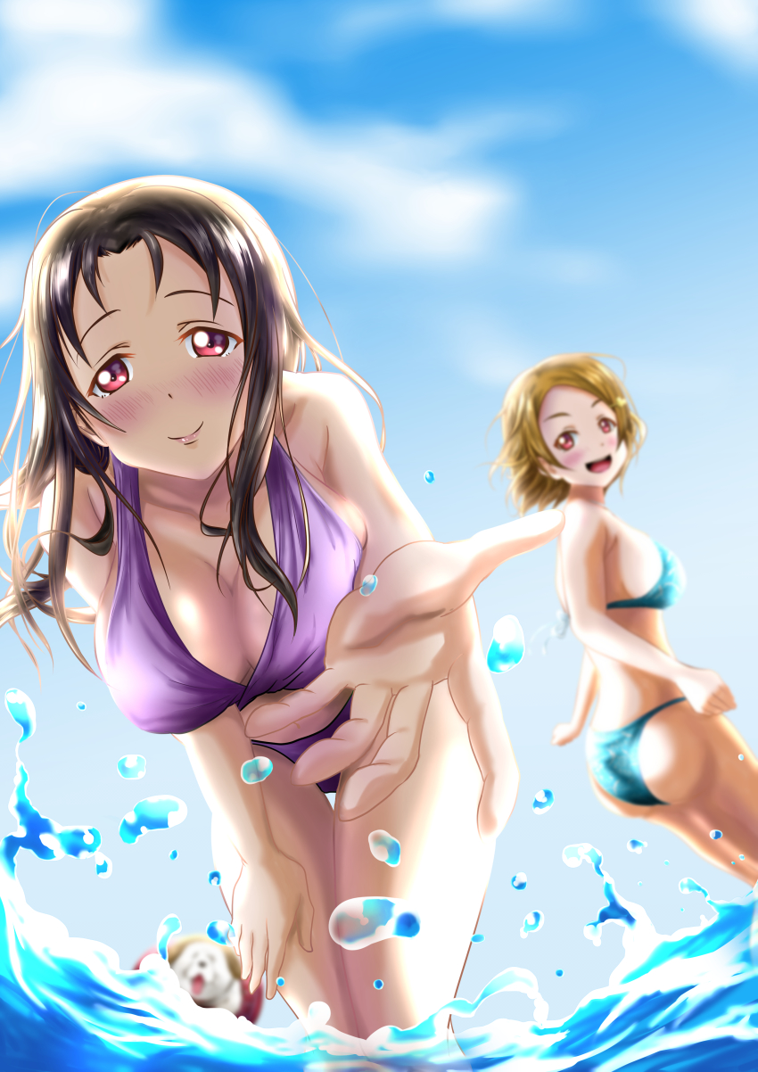 2girls absurdres animal ass bare_shoulders bikini blue_bikini blurry blurry_background blush breasts brown_hair cleavage closed_mouth cloud dog hair_ornament hairclip highres large_breasts leaning_forward long_hair looking_at_viewer love_live! love_live!_sunshine!! multiple_girls ocean open_mouth outdoors outstretched_arm purple_bikini red_eyes saateen_(tsubame-project13) shiitake_(love_live!) short_hair siblings sideboob sisters sky smile splashing standing swimsuit takami_mito takami_shima water