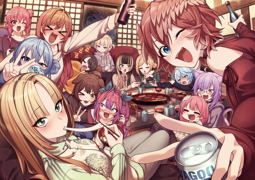 &gt;_&lt; 6+girls :d :o ;d absurdres ahoge alcohol alternate_costume alternate_hairstyle animal_ears arm_up beer_can bottle can cat_ears cat_girl cat_tail character_request chopsticks couch dog_ears dog_girl drink_can drunk eating facing_viewer feathered_wings food hamburger_man._(sumi80) hand_on_another&#039;s_head hand_on_another&#039;s_shoulder hands_up hashtag-only_commentary head_wings highres holding holding_bottle holding_can holding_chopsticks hololive hololive_dev_is ichijou_ririka indoors inugami_korone juufuutei_raden kikirara_vivi koganei_niko looking_at_another looking_at_viewer lying_on_person multiple_girls nekomata_okayu on_couch one_eye_closed oozora_subaru open_door open_mouth pillow pink_hair purple_tail shouji sitting sleeping sliding_doors smile soda sushi table tail takane_lui todoroki_hajime v v-shaped_eyebrows virtual_youtuber wings yukihana_lamy zzz