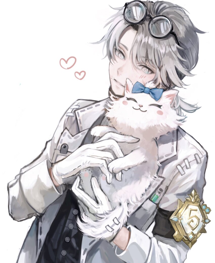 1boy aesop_carl aesop_carl_(&quot;gatto&quot;) animal armband black_armband black_shirt blue_bow blush_stickers bow cat eyewear_on_head glasses gloves grey_eyes grey_hair hanaochi_pic heart highres holding holding_animal holding_cat identity_v jacket looking_at_another low_ponytail male_focus official_alternate_costume ponytail round_eyewear shirt short_ponytail solo striped_blush upper_body white_cat white_gloves white_jacket