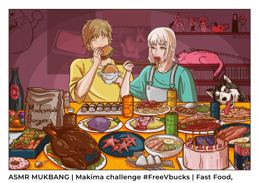 1boy 1girl absurdres artist_name ayanami_rei bacon bottle bowl bucky_(chainsaw_man) burger cake can chainsaw_man character_doll closed_eyes commentary denji_(chainsaw_man) dog donut eating egg english_commentary english_text fake_screenshot fallout fami_(chainsaw_man) food food_in_mouth food_on_face gundam highres holding holding_burger holding_food inigoiio kaonashi meowy_(chainsaw_man) mobile_suit_gundam movie_poster neon_genesis_evangelion noodles nuka_cola omelet pasta pizza pochita_(chainsaw_man) pulp_fiction ramen rei_chikita rx-78-2_gundam sen_to_chihiro_no_kamikakushi spaghetti spongebob_squarepants_(series) starfish stuffed_animal stuffed_toy sushi tongue tongue_out turkey_(food)