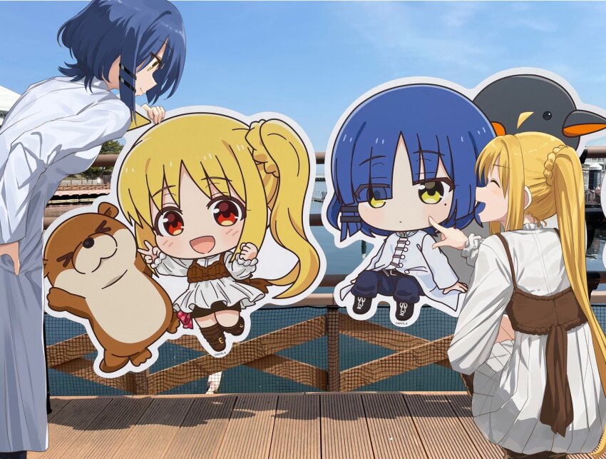 2girls :d ahoge black_pants blonde_hair blue_dress blue_hair blue_sky blush bocchi_the_rock! boots bridge brown_footwear cardboard_cutout closed_eyes cloud collared_dress commentary_request day detached_ahoge dress from_behind from_side full_body hair_between_eyes hair_ornament hairpin hand_on_own_hip highres ijichi_nijika kanaria_hisagi long_hair long_sleeves looking_at_another medium_hair multiple_girls open_mouth outdoors pants photo_background side_ponytail sidelocks sky smile squatting very_long_hair water white_dress yamada_ryo yellow_eyes