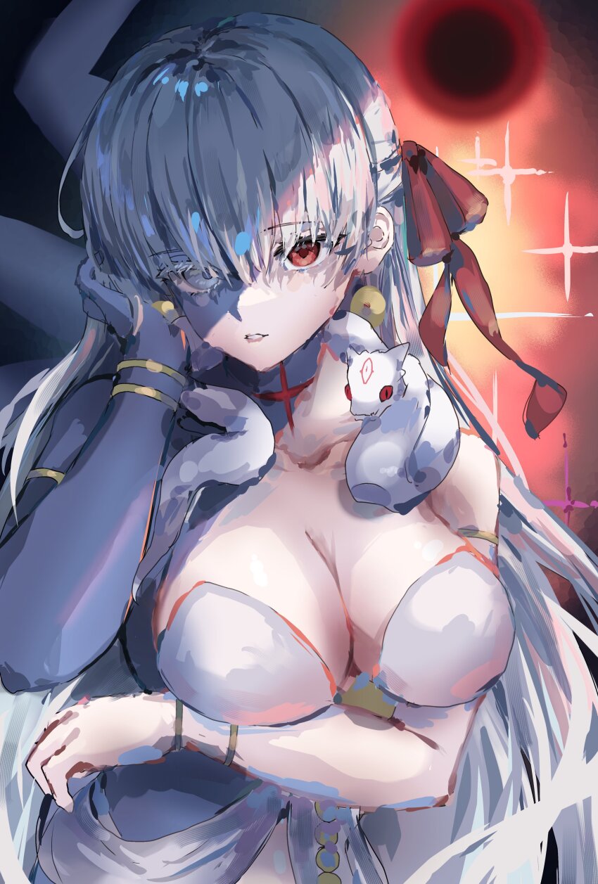 1girl absurdres adjusting_hair animal black_eyes blue_eyes blue_skin breasts cleavage colored_sclera colored_skin commentary_request durga_(fate) durga_(first_ascension)_(fate) extra_arms fate/grand_order fate_(series) hair_between_eyes hair_ribbon heterochromia highres kali_(fate) large_breasts lips long_hair looking_at_viewer multicolored_skin parted_lips pink_lips red_eyes red_ribbon red_sclera ribbon snake split_theme two-tone_skin ushiroayu very_long_hair white_hair white_snake