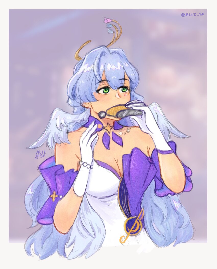 1girl aliz_sf bare_shoulders blue_hair choker detached_sleeves dress drinking gloves green_eyes highres hip_flask holding honkai:_star_rail honkai_(series) long_hair purple_choker robin_(honkai:_star_rail) short_sleeves solo strapless strapless_dress upper_body very_long_hair white_dress white_gloves