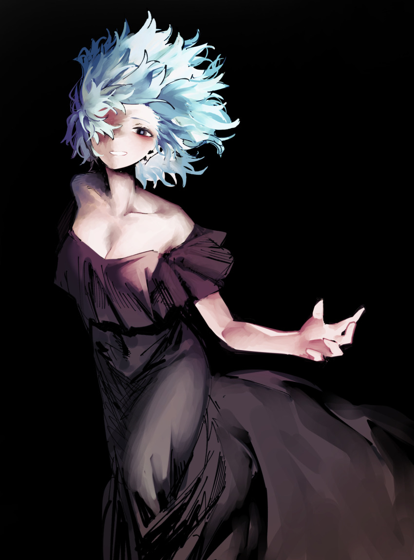 1girl absurdres black_background black_dress breasts cleavage collarbone commentary_request dress floating_hair highres long_dress looking_at_viewer medium_breasts off-shoulder_dress off_shoulder one_eye_covered original simple_background smile solo vivo_(vivo_sun_0222) white_hair