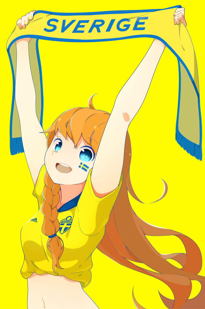 1girl absurdres ahoge arms_up blue_eyes braided_sidelock flag_print highres kentsdesign long_hair looking_at_viewer midriff navel open_mouth orange_hair original scarf sweden swedish_flag swedish_flag_print swedish_text unworn_scarf world_cup yellow_background yellow_scarf