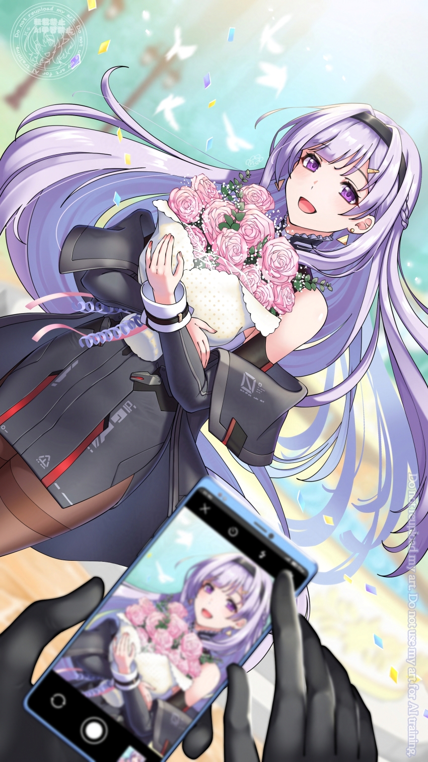 1girl 1other :d absurdres bird black_gloves black_hairband black_jacket blurry blurry_background bouquet braid cellphone commentary confetti counter:side detached_sleeves dutch_angle earrings floating_hair flower gloves hair_ornament hairband hairclip half_up_braid highres holding holding_bouquet holding_phone jacket jewelry lamppost long_sleeves looking_at_viewer lucid_(counter:side) off_shoulder open_mouth pantyhose phone pink_flower pink_rose pov pov_hands purple_eyes purple_hair rose smartphone smile solo_focus standing taking_picture triangle_earrings watermark white_bird yokoshimahama