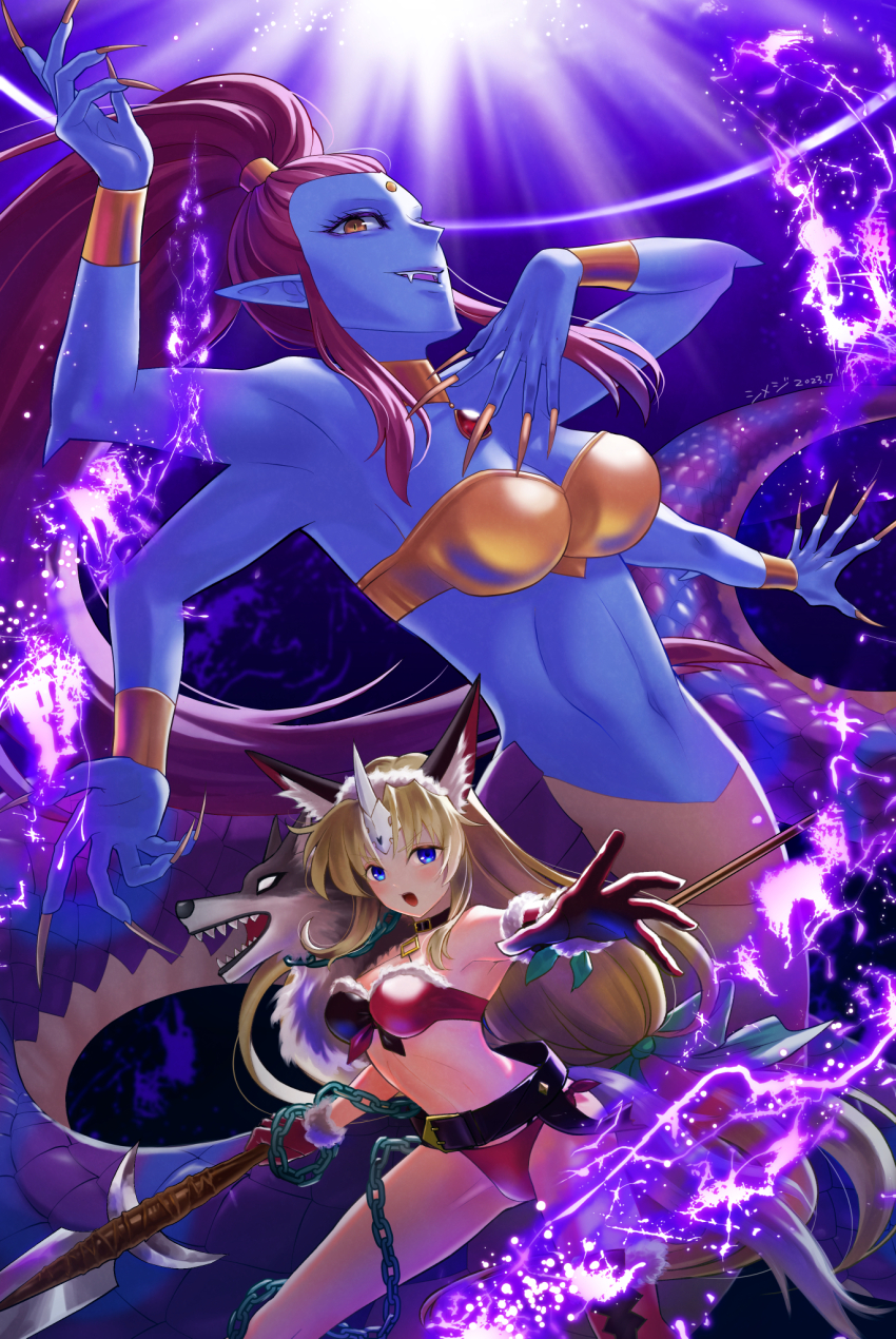 :d animal_ear_fluff belt bikini blonde_hair blue_eyes blue_skin breasts chain claws colored_skin commission dated extra_arms fangs forehead_jewel hand_up high_ponytail highres horns lamia long_hair looking_at_viewer low-tied_long_hair magic medium_breasts monster_girl navel open_mouth phanna pixiv_commission pointy_ears ponytail red_bikini riesz seiken_densetsu seiken_densetsu_2 seiken_densetsu_3 shimeji_(simejigesyu) single_horn single_thighhigh smile standing swimsuit thighhighs wolf yellow_nails