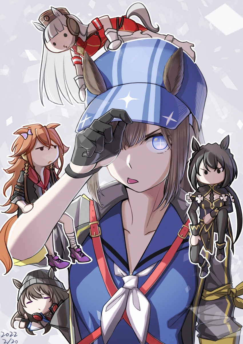 5girls absurdres animal_ears armband asymmetrical_bangs bandana bandana_around_arm baseball_cap beanie belt black_capelet black_dress black_gloves black_hair black_jacket blue_hair blue_sailor_collar blunt_bangs blunt_ends boots bow bowtie brown_hair brown_headwear capelet closed_eyes collarbone commentary_request crossed_belts dated dream_journey_(racehorse) dress ear_bow ears_through_headwear genderswap genderswap_(mtf) gloves gold_ship_(umamusume) gold_trim grey_hair grey_headwear hair_between_eyes hair_over_one_eye half_gloves hand_on_headwear hat headgear headphones headphones_around_neck high_heel_boots high_heel_sneakers high_heels highres hood hoodie horse_ears horse_girl horse_tail jacket kin&#039;iro_ryotei_(umamusume) knee_boots long_hair long_sleeves looking_at_viewer low_ponytail messy_hair mini_person minigirl multiple_girls nakayama_festa_(umamusume) neckerchief no_mouth on_head orange_hair orfevre_(old_design)_(umamusume) original person_on_head personification pillbox_hat ponytail puckered_lips purple_bow red_armband red_belt red_bow red_bowtie red_dress red_hoodie sailor_collar shoulder_belt shuanghu-miku sidelocks tail tongue tongue_out umamusume white_gloves white_neckerchief yellow_bandana