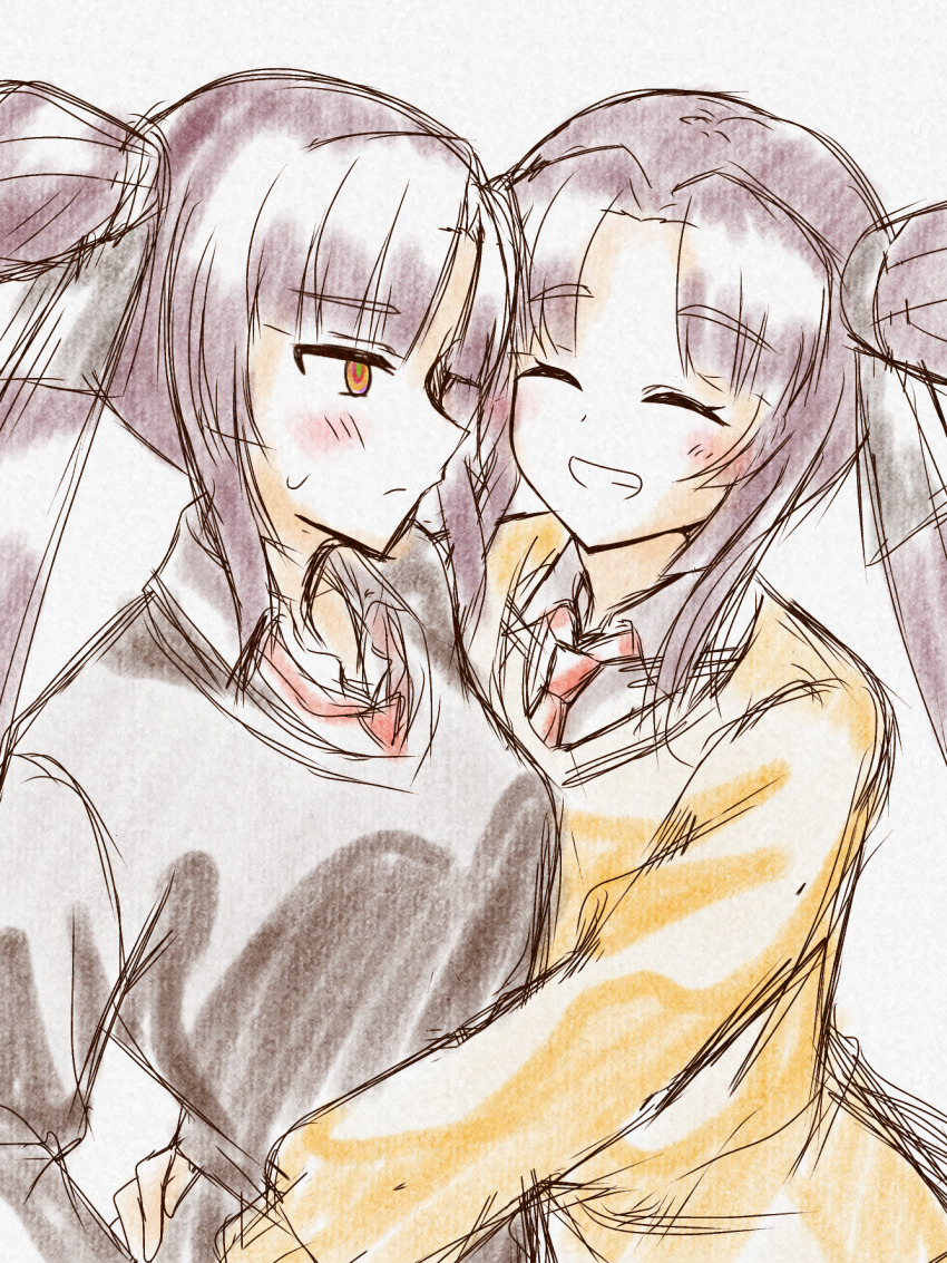 2girls black_hair black_sweater blush closed_eyes closed_mouth commentary dual_persona fate/grand_order fate_(series) grin hair_bun high_side_ponytail highres hug looking_at_another multicolored_eyes multiple_girls necktie red_necktie selfcest shy sidelocks simple_background single_hair_bun smile sweat sweater taira_no_kagekiyo_(fate) tanutika ushiwakamaru_(fate) yellow_sweater yuri