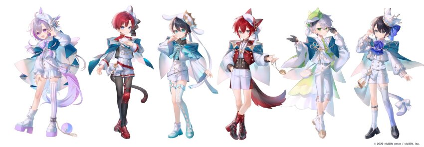 6+boys :d adjusting_eyewear ahoge aiguillette animal_ear_headwear animal_ears ankle_boots aqua_boots aqua_collar aqua_eyes aqua_ribbon aqua_shoes aqua_thighhighs arm_at_side asymmetrical_footwear asymmetrical_legwear bag ball_and_chain_restraint bare_shoulders beckoning bell_sleeves belt belt_collar beret black_eyes black_footwear black_hair black_jacket black_pantyhose black_shirt blue_bow blue_bowtie blue_capelet blue_eyes blue_footwear blue_thighhighs bolo_tie boots bow bowtie buttoned_cuffs buttons capelet capri_pants cat_ears cat_tail child clock_over_orquesta closed_mouth collar collared_shirt colored_shoe_soles cropped_jacket crossed_bangs crown crown_hat cummerbund curtained_hair double-breasted fake_animal_ears fake_horns feathered_wings frilled_sleeves frills full_body fuwa_tokihito gold_trim gradient_legwear gradient_sleeves green_eyes green_hat grey_eyes grey_hair grey_thighhighs hair_between_eyes hand_on_eyewear hand_on_own_chest hand_on_own_hip hand_up harumi_kazuto hat hat_bow high-waist_pants high-waist_shorts high_heel_boots high_heels highres holding holding_pocket_watch hood hooded_capelet horned_headwear horns horse_ears horse_tail jacket knee_pads kokonoe_konoe lace-up_boots legwear_garter leopard_ears leopard_tail loafers long_hair long_sleeves looking_at_viewer low_ponytail male_focus mary_janes mini_wings monocle multicolored_hair multicolored_jacket multiple_boys neck_ribbon o-ring o-ring_thigh_strap off_shoulder open_clothes open_collar open_mouth open_vest pants pantyhose peaked_cap platform_boots platform_footwear pleated_shorts pleated_sleeves pocket_watch ponytail puffy_long_sleeves puffy_sleeves purple_bow purple_bowtie purple_eyes purple_hair purple_thighhighs rabbit_ears red_belt red_footwear red_hair red_vest ribbon sakaki_yairo sash sayu_(snowman_and_mayu) shirt shoes short_hair short_shorts shorts shoulder_bag sidelocks simple_background single_ankle_cuff single_knee_pad single_sidelock single_thighhigh sleeve_cuffs sleeveless sleeveless_turtleneck smile socks standing streaked_hair striped_bow striped_bowtie striped_clothes striped_thighhighs swept_bangs tail tail_bow tail_ornament tenma_nanase thigh_strap thighhighs tilted_headwear tokito_reiji turtleneck twirling_hair two-sided_capelet two-tone_jacket uneven_legwear unicorn_horn vest waist_bow waist_cape watch waving white_background white_bow white_capelet white_footwear white_hat white_jacket white_pants white_sash white_shirt white_shorts white_socks white_thighhighs white_wings wide_sleeves winged_hat wings wolf_ears wolf_tail