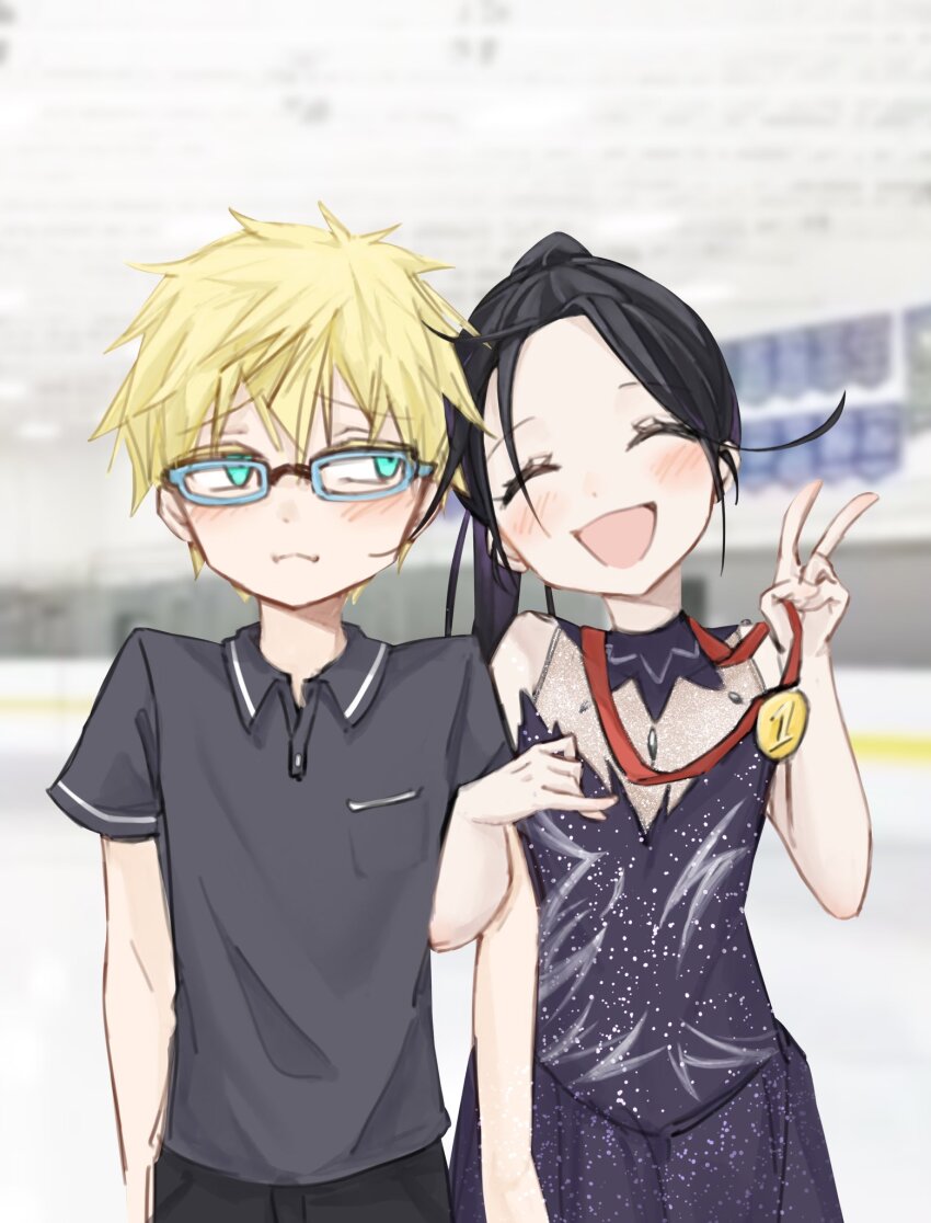 1boy 1girl areiaqaq black_hair blonde_hair blush closed_eyes embarrassed facing_viewer figure_skating_dress glasses highres kamisaki_hikaru locked_arms looking_at_another medal medalist_(manga) ponytail skating_rink smile sonidori_rioh upper_body v