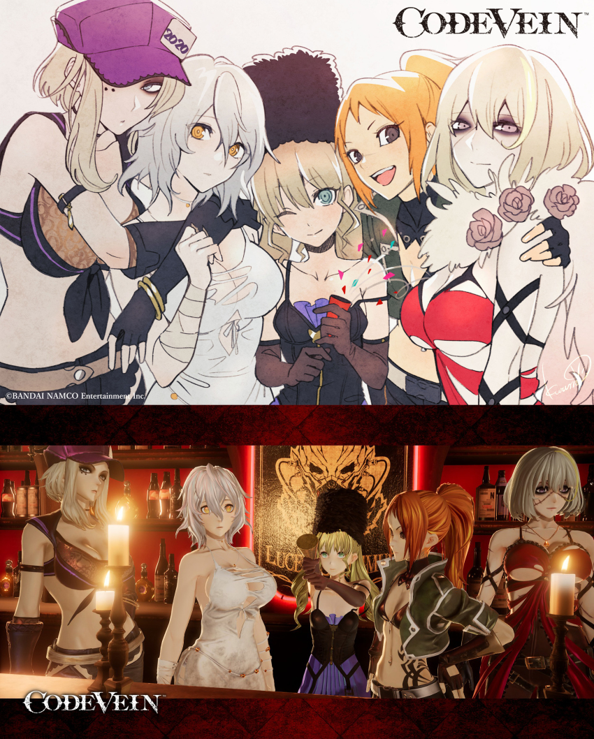 5girls alcohol bandai_namco baseball_cap black_eyes blonde_hair blue_eyes bob_cut breasts candle cleavage coco_(code_vein) code_vein cropped_jacket dress eva_roux expressionless eyeshadow flower fur_trim gloves gradient_background green_eyes hat highres io_(code_vein) large_breasts makeup medium_breasts mia_karnstein midriff multiple_girls no_bra official_art orange_hair party_popper ponytail rin_murasame short_hair_with_long_locks signature small_breasts smile stitched_face stitches twintails underboob yellow_eyes
