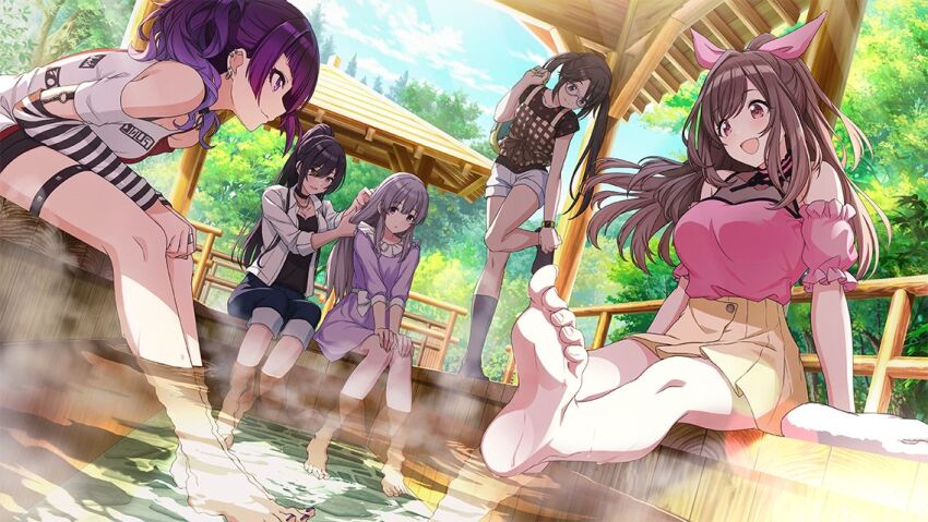 5girls :d architecture arm_warmers ashiyu bare_legs barefoot black_choker black_hair black_shirt black_shorts black_socks blue_eyes blue_pants blunt_bangs blush bow breasts brown_eyes brown_hair brown_tank_top choker closed_mouth clothing_cutout cloud collared_shirt day denim diagonal_bangs dot_mouth dress dutch_angle ear_piercing earrings east_asian_architecture feet foreshortening frilled_sleeves frills game_cg glasses grey_hair hair_bow hands_on_own_knees high_ponytail idolmaster idolmaster_shiny_colors jeans jewelry knees_together_feet_apart l&#039;antica_(idolmaster) large_breasts layered_shirt leaning_forward long_hair mitsumine_yuika multiple_girls nail_polish off-shoulder_shirt off_shoulder official_art open_mouth outdoors pants pants_rolled_up piercing pink_bow pink_shirt pleated_skirt ponytail profile puffy_short_sleeves puffy_sleeves purple_dress purple_eyes purple_hair purple_nails removing_sock shirase_sakuya shirt shirt_tucked_in short_sleeves shorts shoulder_cutout sidelocks sitting skirt smile soaking_feet socks steam striped_arm_warmers studded_thigh_strap tanaka_mamimi tank_top thigh_strap toe_scrunch toenail_polish toenails toes towel tree tsukioka_kogane twintails waist_bow water wet white_shirt white_shorts yellow_eyes yellow_skirt yukoku_kiriko