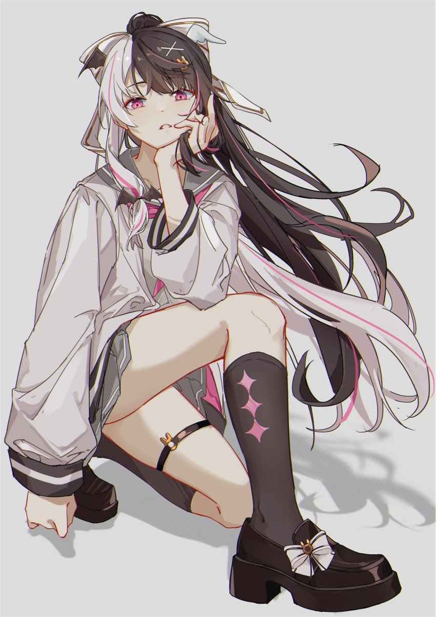 1girl black_footwear black_hair cardigan commentary floating_hair footwear_ribbon hands_on_own_cheeks hands_on_own_face head_rest highres huo_jian_chong_rudao_76 long_hair long_sleeves looking_at_viewer multicolored_hair nijisanji parted_lips school_uniform serafuku shadow skirt socks solo squatting streaked_hair swept_bangs thigh_strap thighs virtual_youtuber white_hair yorumi_rena yorumi_rena_(9th_costume)