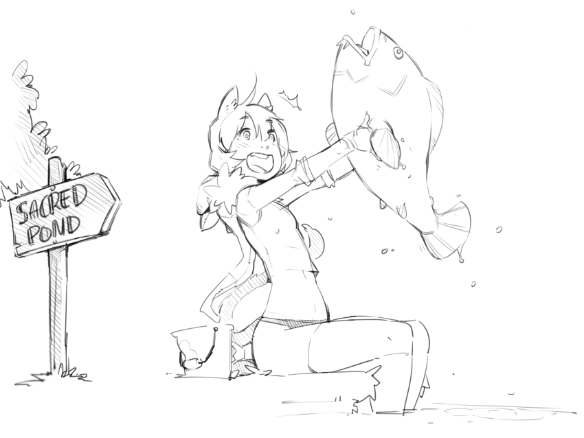 1girl animal_ears breasts cat_ears cat_girl cat_tail faustsketcher fish fishing highres monochrome nathy panties petite short_hair sketch small_breasts smile tail tank_top thighs underwear