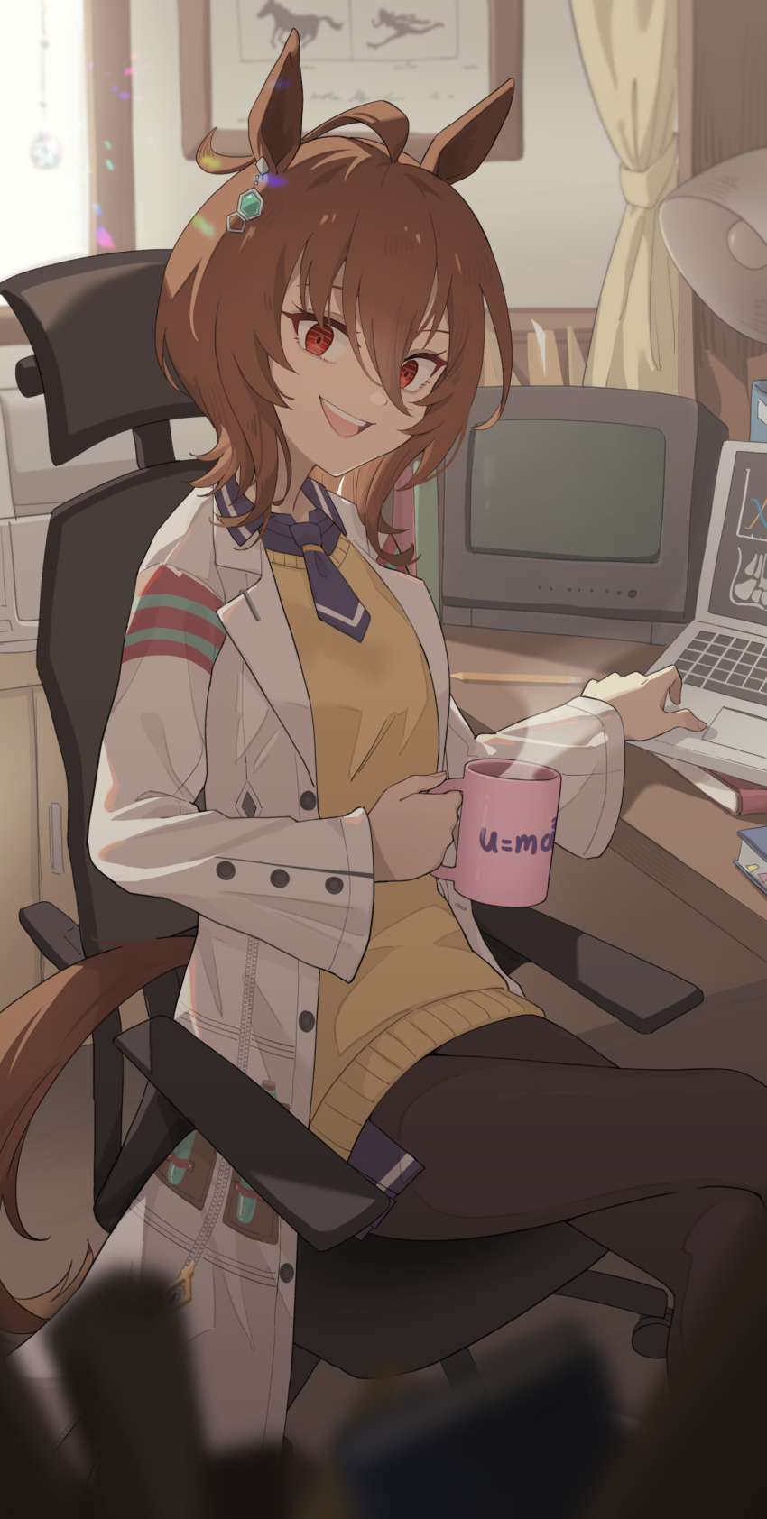 1girl agnes_tachyon_(tach-nology)_(umamusume) agnes_tachyon_(umamusume) ahoge alternate_costume animal_ears black_pantyhose brown_hair chair coffee_mug cup hair_between_eyes hair_ornament highres holding holding_cup horse_ears horse_girl horse_tail lab_coat long_sleeves looking_at_viewer medium_hair mug necktie open_mouth pantyhose profnote red_eyes shirt short_hair short_necktie sitting smile solo sweater sweater_vest tail teeth umamusume upper_teeth_only yellow_sweater yellow_sweater_vest