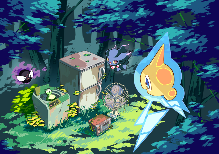 blue_eyes budew closed_mouth day electric_fan fang flying forest full_body gastly gen_1_pokemon gen_2_pokemon gen_4_pokemon highres kamoruto leaf looking_at_another microwave misdreavus nature nintendo no_humans open_mouth outdoors overgrown plant pokemon pokemon_(creature) profile red_eyes refrigerator rotom rotom_(normal) rust smile top-load_washing_machine tree v-shaped_eyes vines washing_machine