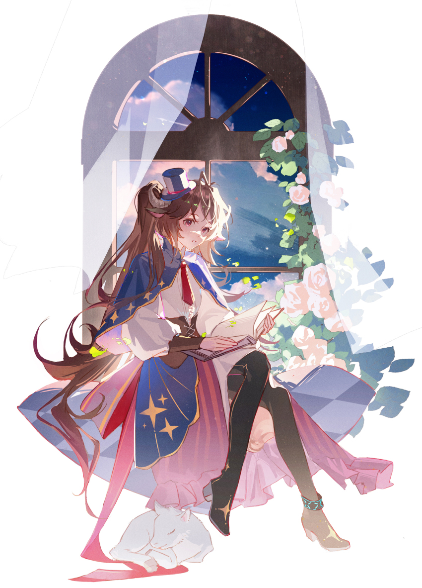 1girl animal animal_ears arched_window arknights black_boots blue_cape blue_hat book boots brown_hair cape chinese_commentary commentary_request curled_horns curtains eyjafjalla_(arknights) flower full_body grey_horns hat high_heel_boots high_heels highres horns infection_monitor_(arknights) invisible_chair leaf long_hair mini_hat mini_top_hat necktie open_book parted_lips pink_eyes plant red_necktie sheep_ears sheep_girl sheep_horns shirt side_ponytail sitting solo thewintermarket thigh_boots top_hat very_long_hair white_flower white_shirt window