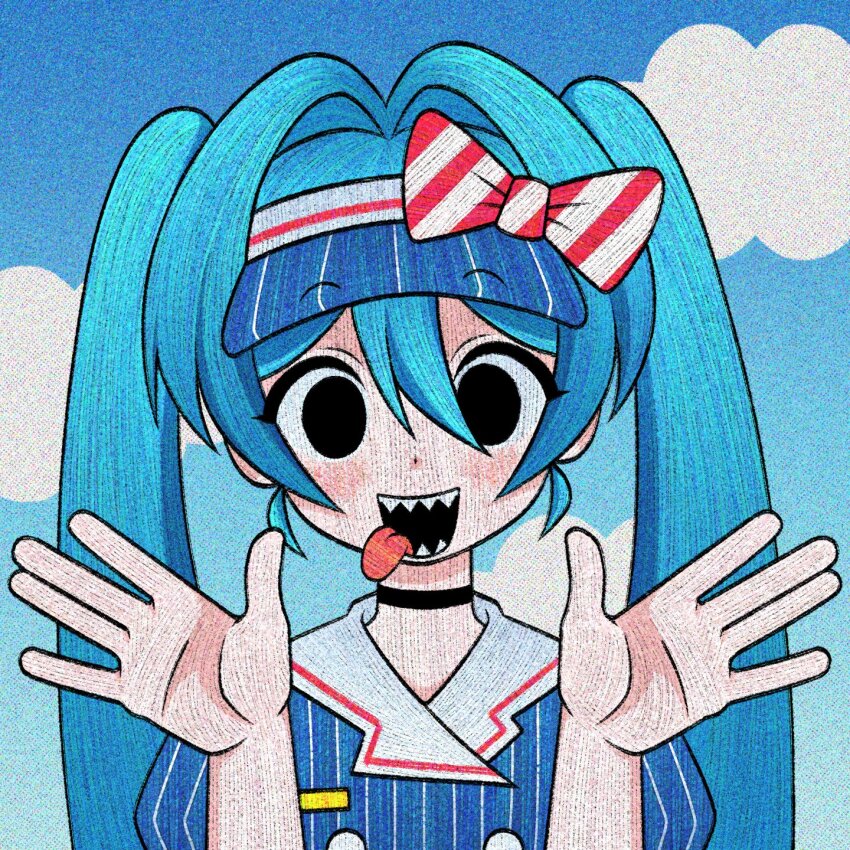 1girl black_choker blue_hair blue_hat blue_shirt bow choker cloud cryptidhermit dot_nose hair_between_eyes hat hatsune_miku highres long_hair looking_at_viewer mesmerizer_(vocaloid) open_mouth sharp_teeth shirt solo striped_bow striped_clothes striped_shirt teeth tongue tongue_out twintails upper_body visor_cap vocaloid