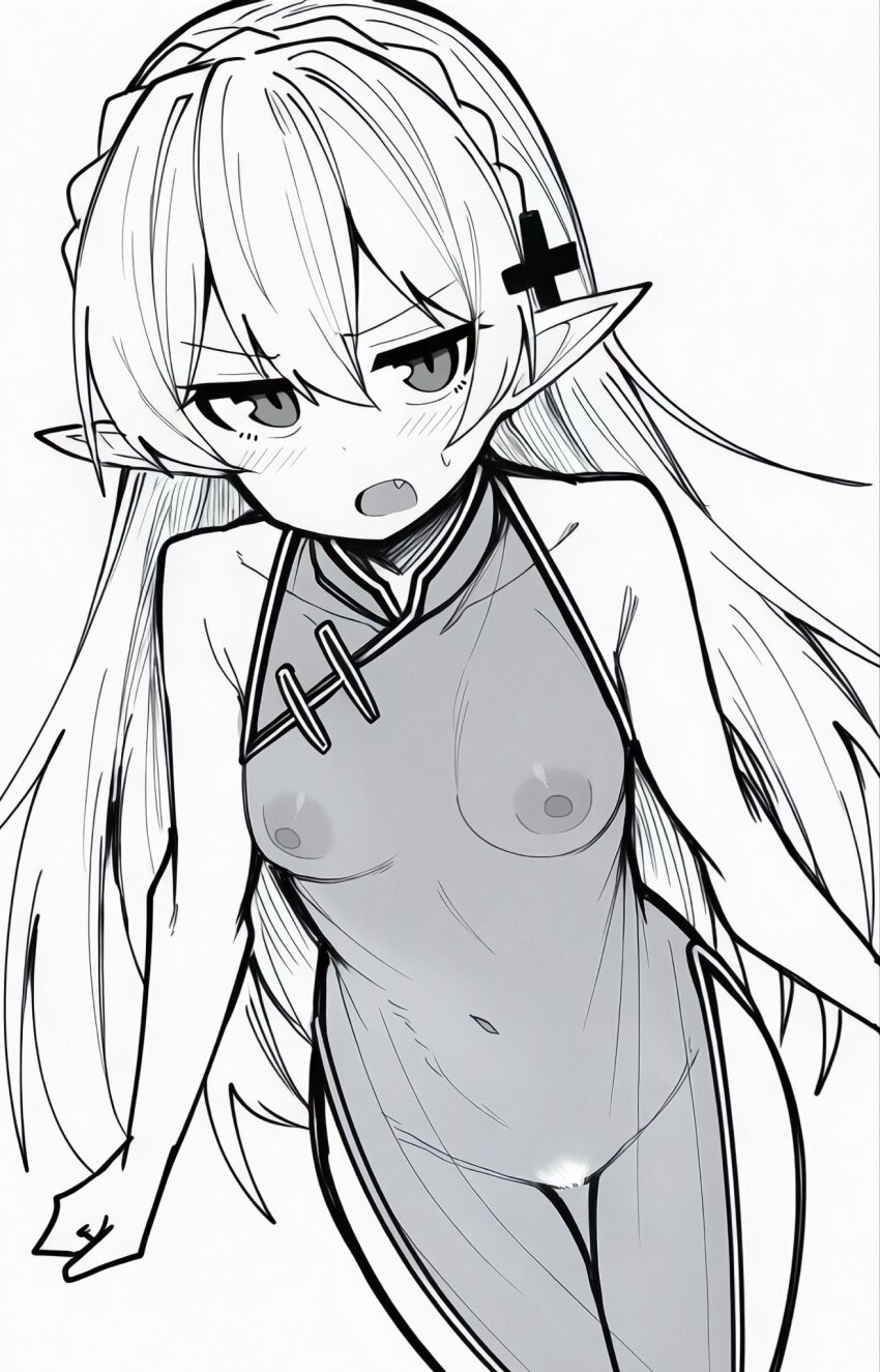 1girl alternate_costume arknights bare_arms bare_shoulders blush breasts china_dress chinese_clothes collarbone commentary_request cowboy_shot dress fang female_pubic_hair greyscale groin hair_between_eyes hair_ornament highres long_hair looking_at_viewer makigirisu medium_breasts monochrome naked_dress navel nipples open_mouth pelvic_curtain pointy_ears pubic_hair see-through_clothes see-through_dress side_slit simple_background sleeveless sleeveless_dress small_breasts solo standing sweatdrop thigh_gap warfarin_(arknights) white_background