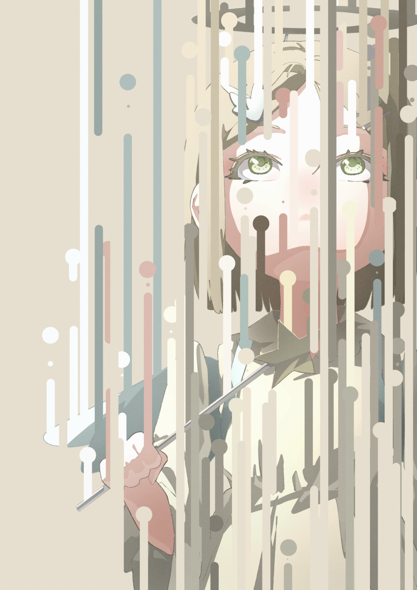 1girl absurdres brown_background brown_dress brown_hair closed_mouth commentary_request detached_arm dress fake_wings green_eyes hair_ornament hairclip halo highres holding holding_wand looking_up nico-tine original short_hair simple_background solo star_(symbol) star_wand upper_body wand wings