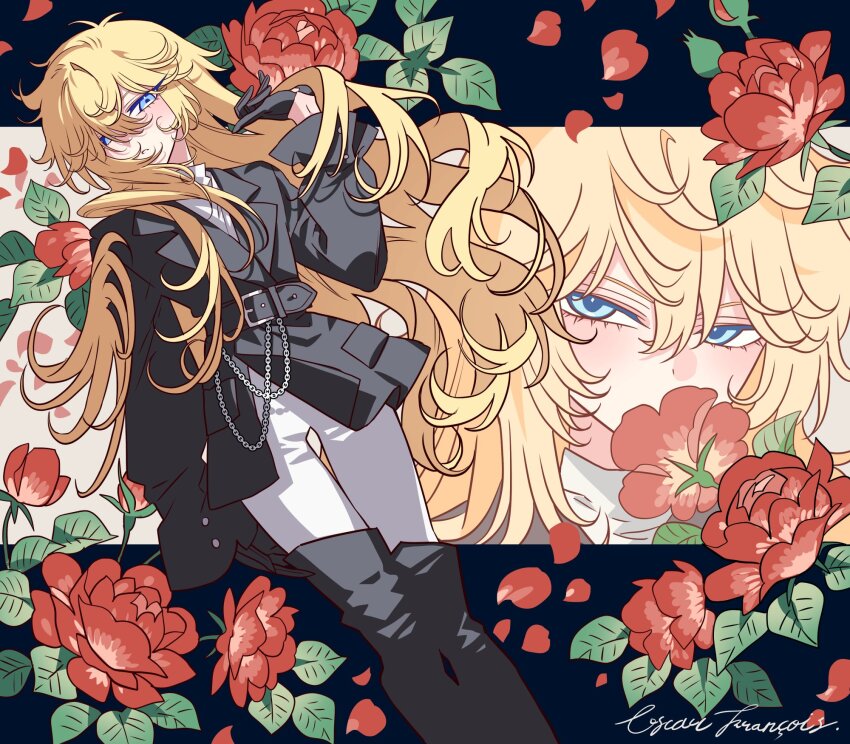 1girl alternate_costume black_boots black_gloves black_jacket blonde_hair blue_eyes blush boots character_name floating_hair flower gloves hair_between_eyes highres jacket long_hair long_sleeves looking_at_viewer meremero oscar_francois_de_jarjayes pants parted_lips red_flower shoes solo thigh_boots thigh_gap versailles_no_bara very_long_hair white_pants