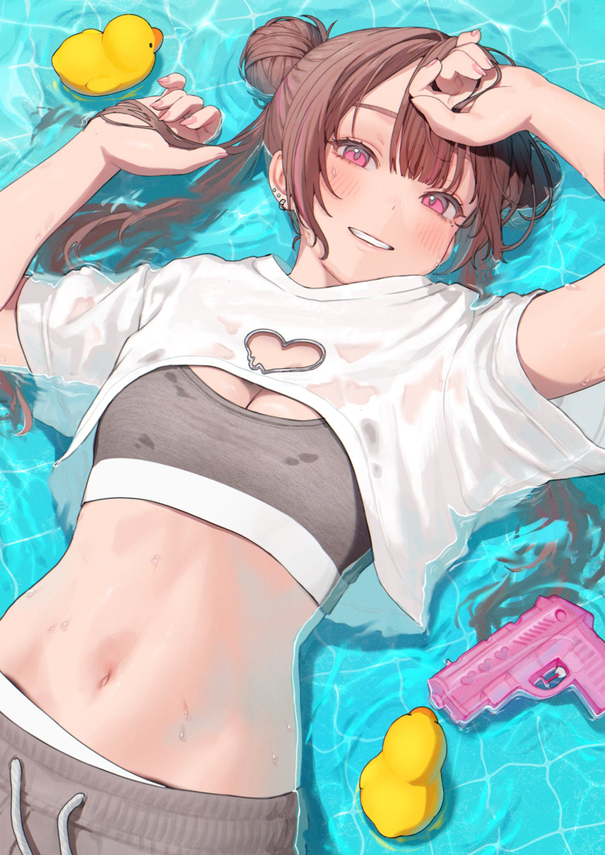 1girl arms_up breasts brown_hair cleavage clothing_cutout commentary_request double_bun drawstring ear_piercing hair_between_eyes hair_bun hamunezuko_(nezukonezu32) hand_on_own_forehead heart_cutout highres looking_at_viewer lying medium_breasts navel on_back original parted_lips partially_submerged piercing red_eyes rubber_duck shallow_water shirt sidelocks smile solo sports_bra stomach water water_gun wet wet_clothes wet_hair wet_shirt white_shirt