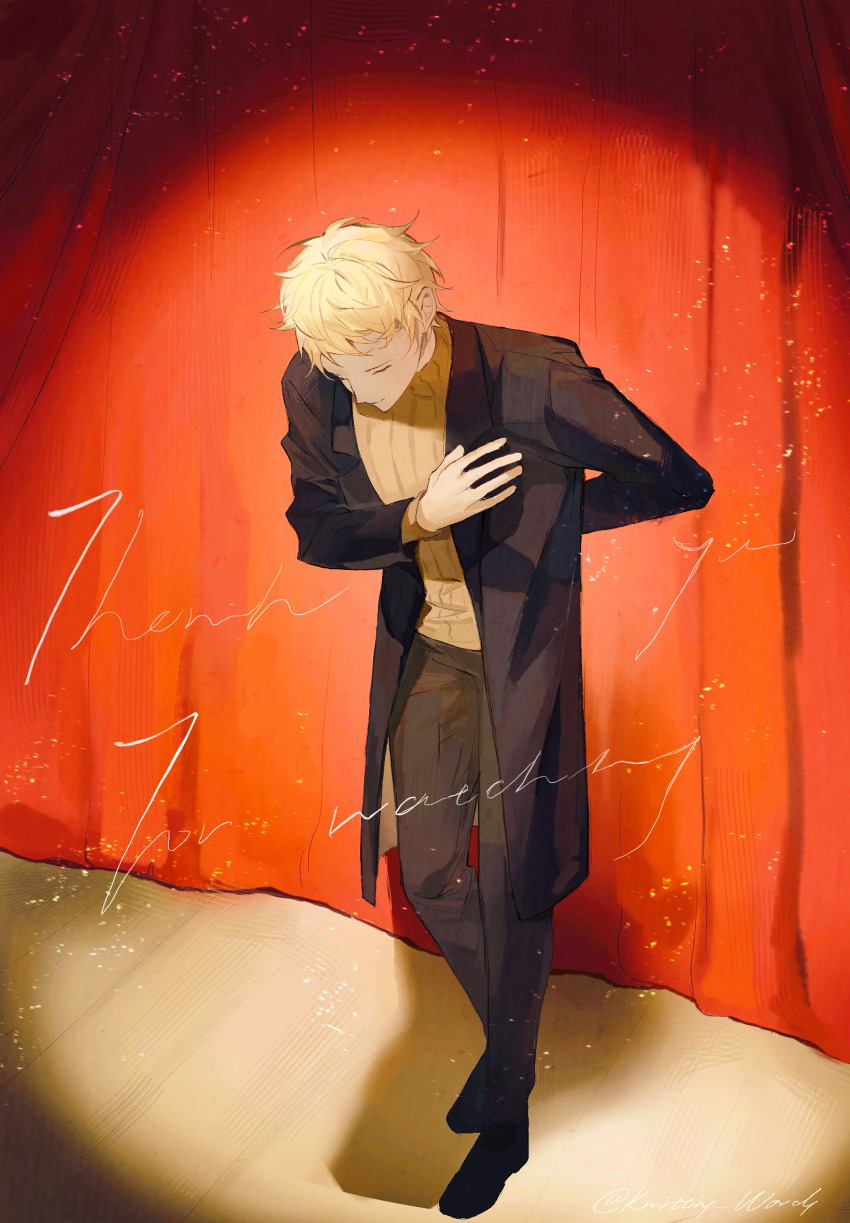1boy arm_behind_back atou_haruki black_jacket black_pants black_shoes blonde_hair bowing brown_sweater chinese_commentary closed_eyes closed_mouth commentary_request curtains english_text hand_on_own_chest highres jacket light_particles long_sleeves male_focus open_clothes open_jacket pants ribbed_sweater saibou_shinkyoku shoes short_hair smile solo stage stage_curtains sweater turtleneck turtleneck_sweater zhiyanpianyu55126
