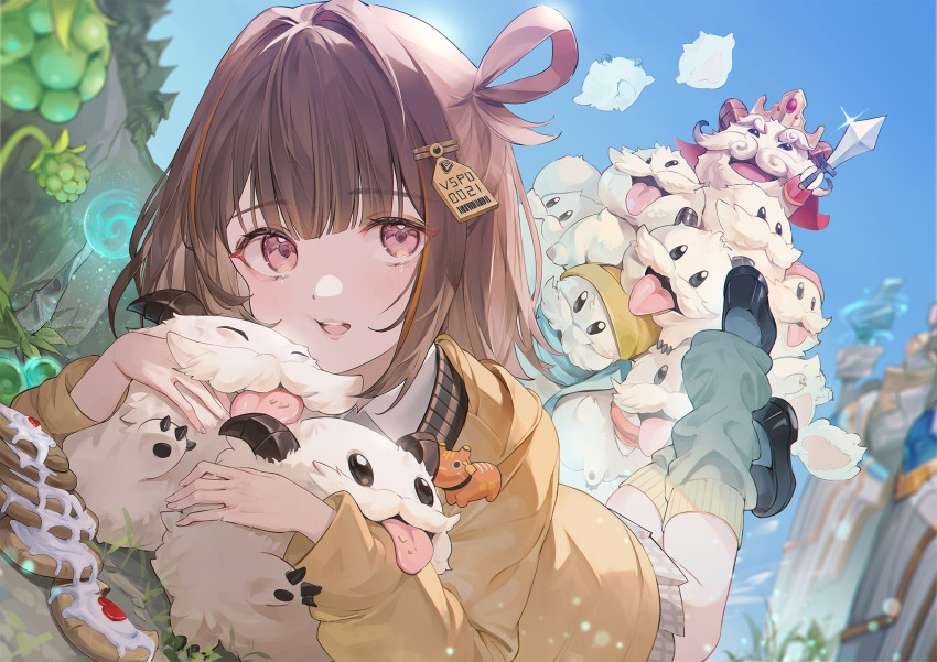 1girl :d animal animal_hug barcode berry black_shoes blue_sky blunt_bangs blurry brown_hair brown_skirt brown_sweater cape collared_shirt commentary_request cookie creature crown day depth_of_field food gem gingham_skirt glint hair_intakes hair_ornament hair_rings highres holding holding_sword holding_weapon hood hooded_jacket jacket league_of_legends leg_warmers legs_up light_particles loafers long_sleeves looking_at_viewer lying miniskirt multicolored_hair nakashima_(pluscolor) on_stomach open_mouth orange_hair outdoors plaid_clothes plaid_skirt pleated_skirt poro_(league_of_legends) poro_king red_cape red_eyes sendo_yuuhi shirt shoes short_hair single_hair_ring skirt sky smile solo streaked_hair sweater sword tag teeth the_pose tongue tongue_out upper_teeth_only virtual_youtuber vspo! weapon white_shirt yellow_jacket yellow_leg_warmers