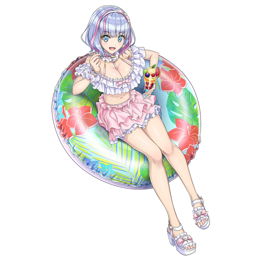 1girl bikini blue_eyes breast_strap breasts cherry cleavage cup dessert dolphin_wave earrings food frilled_bikini frills fruit game_cg hairband high_heels highres holding holding_cup holding_spoon ice_cream innertube jewelry kukuri_tomo large_breasts looking_at_viewer medium_hair multicolored_hair navel non-web_source official_art on_innertube ootomo_takuji open_mouth parfait pink_skirt pink_streaks sandals sitting skirt smile solo spoon strawberry strawberry_parfait streaked_hair sundae swim_ring swimsuit transparent_background wavy_hair white_hairband