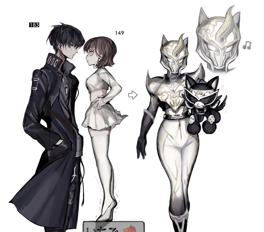 1boy 1girl animification avataro_sentai_donbrothers black_bodysuit black_coat black_eyes black_hair bodysuit coat commentary_request dog dual_persona from_side grey_shirt hand_in_pocket hands_in_pockets hands_on_own_hips height_difference highres horns inubrother inuzuka_tsubasa long_coat multiple_views on_food print_shirt realzigaga shiba_inu shirt single_horn sononi_(donbrothers) standing standing_on_box sunglasses super_sentai thighhighs white_background white_footwear white_thighhighs