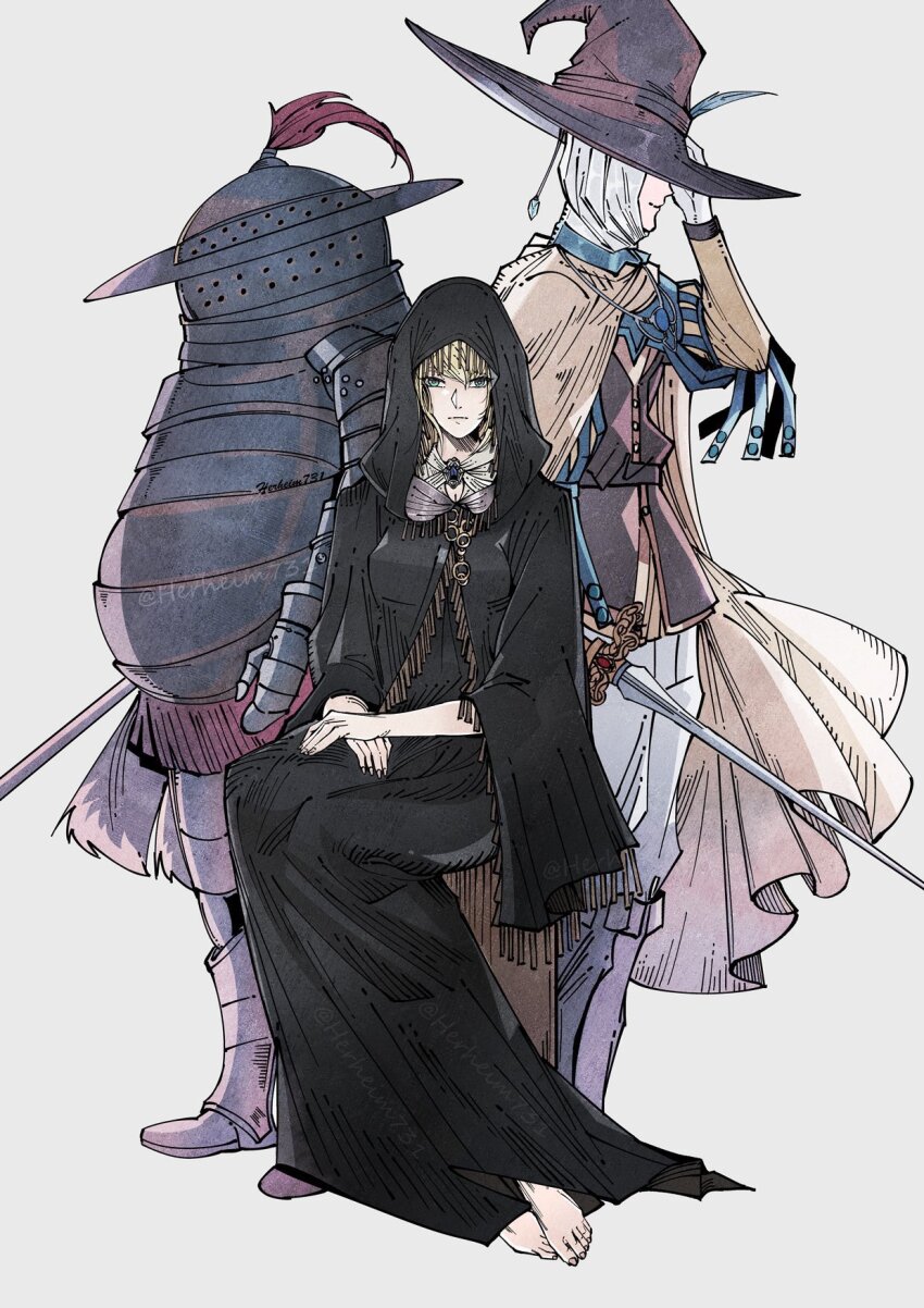 1girl 2boys armor artist_name barefoot black_dress blonde_hair blue_eyes buttons cape dress elden_ring fia_the_deathbed_companion full_armor greaves hat helm helmet herheim highres holding holding_sword holding_weapon lionel_the_lionhearted long_dress looking_at_viewer multiple_boys simple_background sitting sorcerer_rogier sword weapon white_background white_cape witch_hat