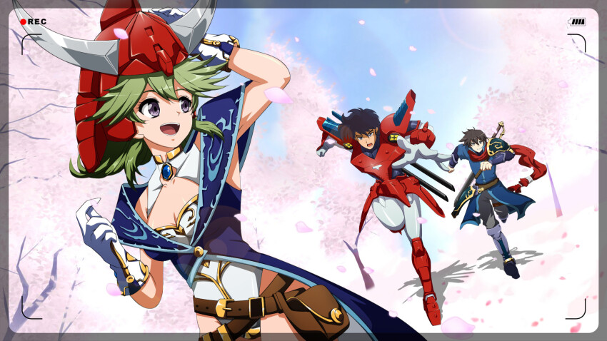 1boy 1girl armor black_hair breasts cleavage crossover day green_hair helmet highres langrisser petals ronin_warriors rose_petals running samurai sanada_ryou sword weapon