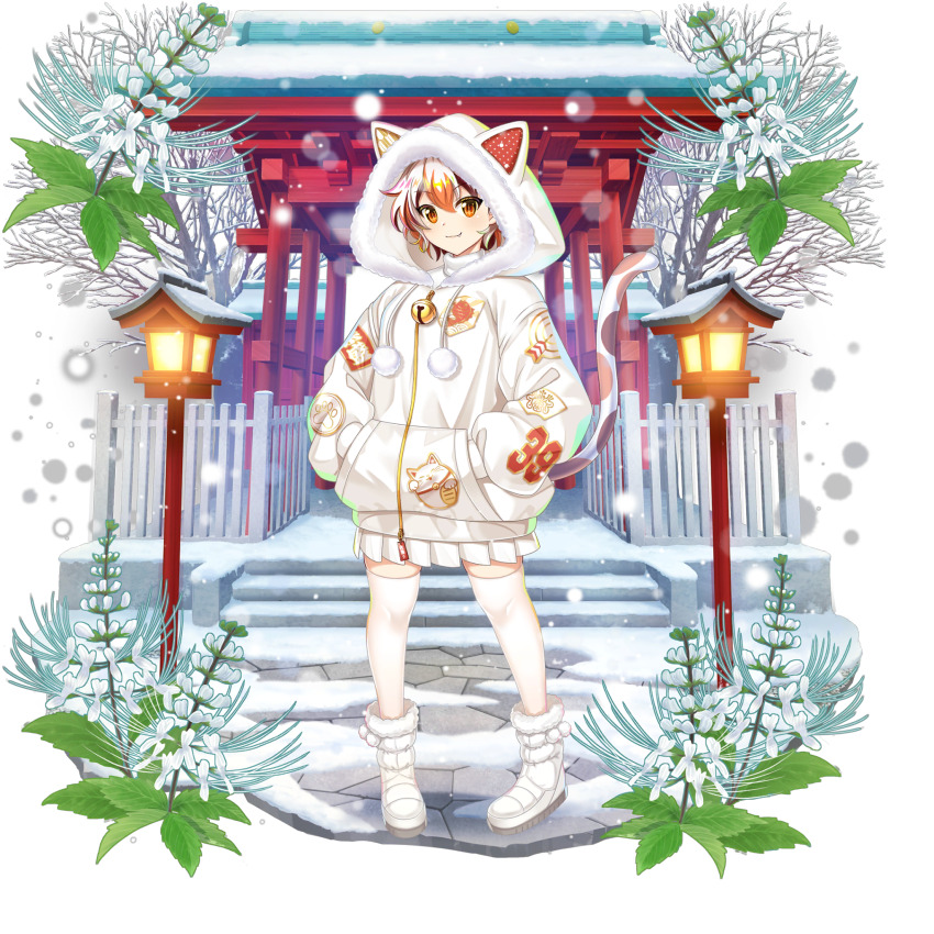 1girl alternate_costume animal_ear_hood animal_print bare_tree bell boots calico_(pattern) cat_girl cat_print cat_tail closed_mouth fake_animal_ears fang fang_out flower flower_request fur-trimmed_boots fur_trim game_cg goutokuji_mike hands_in_pockets highres hood hood_up hoodie jingle_bell long_sleeves looking_at_viewer multicolored_hair multicolored_tail neck_bell official_art orange_eyes orange_hair pleated_skirt print_hoodie rotte_(1109) skirt smile snow solo streaked_hair tail thighhighs third-party_source torii touhou touhou_lostword transparent_background tree white_boots white_flower white_hair white_hoodie white_skirt white_thighhighs