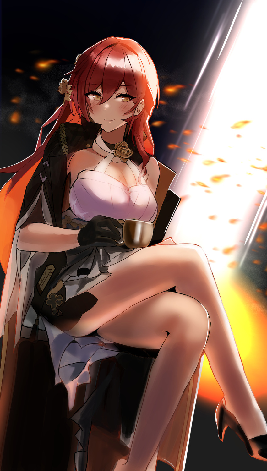 1girl absurdres black_gloves breasts cleavage cleavage_cutout closed_mouth clothing_cutout crossed_legs cup flower gloves hair_flower hair_ornament high_heels highres himeko_(honkai:_star_rail) honkai:_star_rail honkai_(series) jacket jacket_on_shoulders large_breasts long_hair looking_at_viewer mole mole_on_breast mug red_eyes sevenninet47503 sitting smile solo very_long_hair yellow_eyes