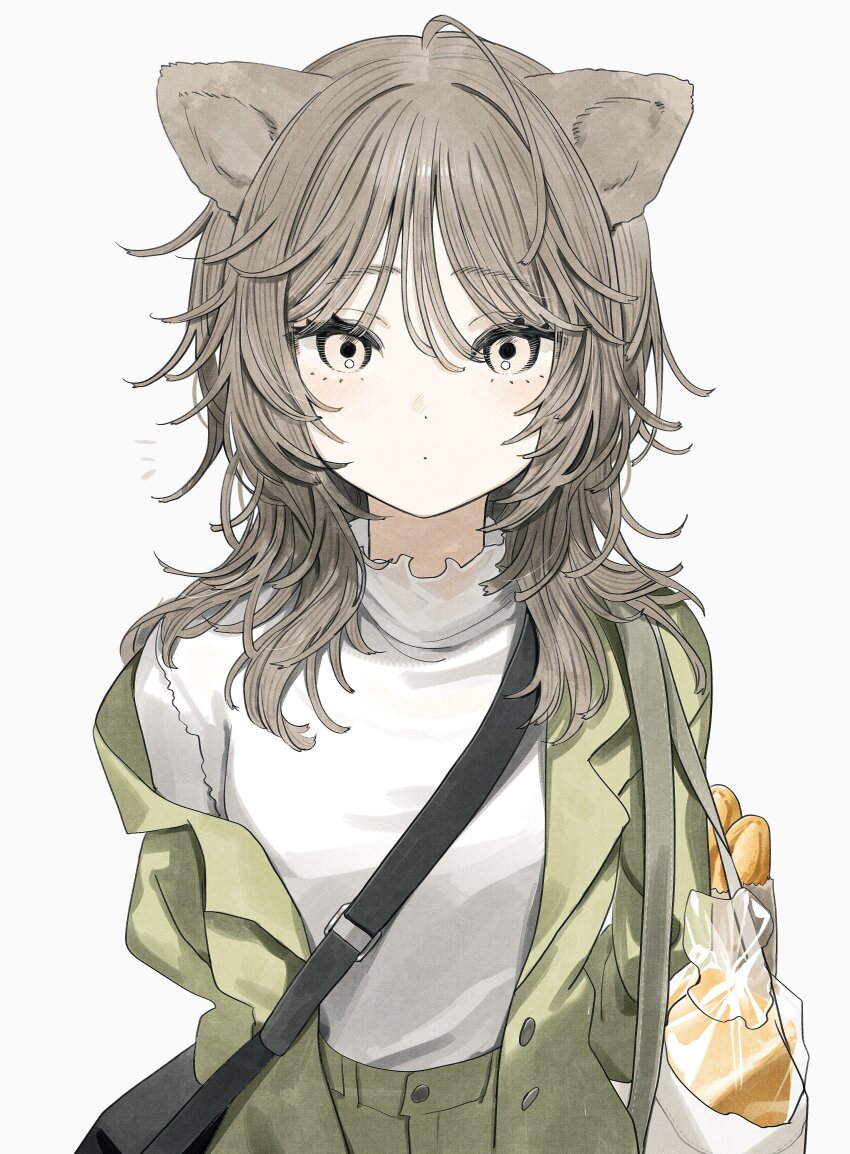 1girl absurdres ahoge animal_ears bag black_bag bread brown_eyes brown_hair closed_mouth commentary dot_mouth dot_nose food green_jacket grocery_bag highres jacket long_sleeves looking_at_viewer medium_hair open_clothes open_jacket original pan-chan_(takaya_riku) shirt shirt_tucked_in shopping_bag shoulder_bag simple_background solo symbol-only_commentary takaya_riku upper_body white_background white_shirt