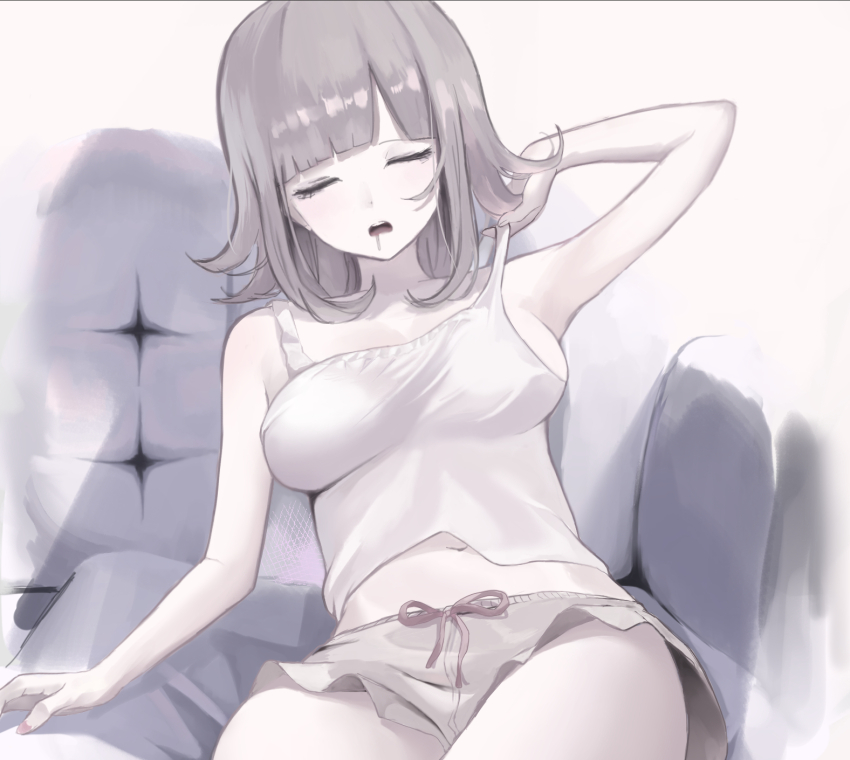 1girl arm_up armpits blunt_bangs breasts brown_hair collarbone couch danganronpa_(series) danganronpa_2:_goodbye_despair drooling flipped_hair highres large_breasts medium_hair nanami_chiaki navel open_mouth shirt shiton_(2016sanhime) shorts sleeping solo teeth upper_teeth_only white_background white_shirt