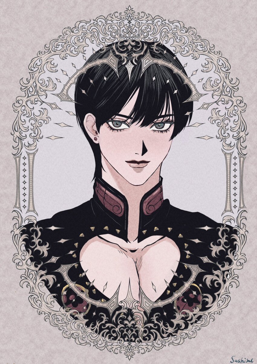 1boy bishounen black_hair border cleavage_cutout closed_mouth clothing_cutout commentary_request earrings eyelashes giorno_giovanna grey_eyes haruno_shiobana heart_cutout high_collar highres jewelry jojo_no_kimyou_na_bouken ladybug_ornament long_bangs looking_at_viewer male_focus ornate_border pectoral_cleavage pectorals portrait runo_ge short_hair signature solo stud_earrings vento_aureo wing_ornament