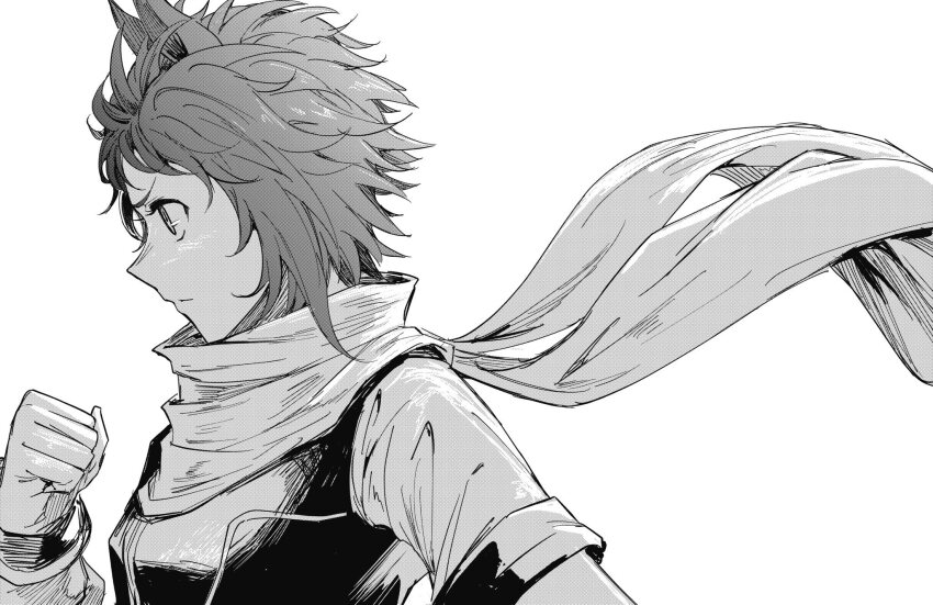 1girl animal_ears biko_pegasus_(umamusume) breasts clenched_hand closed_mouth from_side frown gloves greyscale highres horse_ears jacket karate_(karatedazey) monochrome profile scarf short_hair short_sleeves sideways_mouth small_breasts solo umamusume upper_body v-shaped_eyebrows