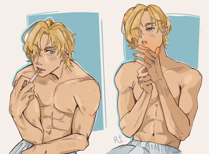 1boy abs blonde_hair blue_eyes cigarette degrees_of_lewdity dol_rex00 eyebrow_piercing hair_over_one_eye highres male_focus multiple_views muscular muscular_male navel nose_piercing pants piercing topless_male white_pants whitney_(degrees_of_lewdity) whitney_(male)_(degrees_of_lewdity)